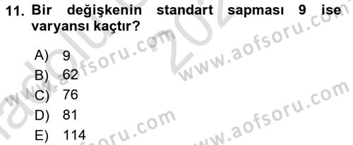 Sağlık Alanında İstatistik Dersi Ara Sınavı Deneme Sınav Soruları 11. Soru