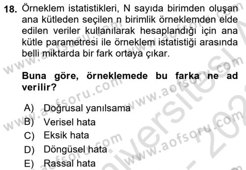 Sağlık Alanında İstatistik Dersi 2021 - 2022 Yılı (Vize) Ara Sınav Soruları 18. Soru