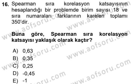 Sağlık Alanında İstatistik Dersi 2021 - 2022 Yılı Yaz Okulu Sınav Soruları 16. Soru