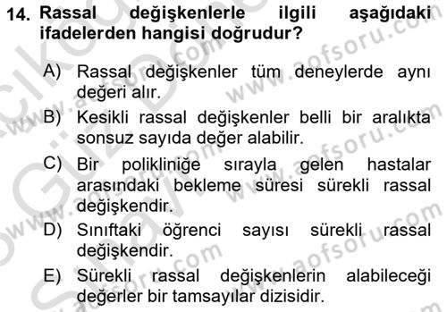 Sağlık Alanında İstatistik Dersi 2022 - 2023 Yılı (Vize) Ara Sınavı 14. Soru