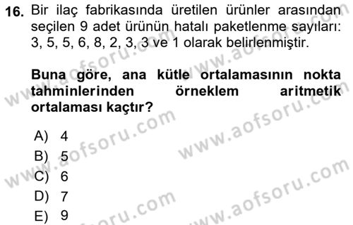 Sağlık Alanında İstatistik Dersi 2022 - 2023 Yılı (Vize) Ara Sınavı 16. Soru