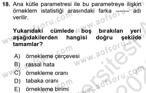 Sağlık Alanında İstatistik Dersi 2022 - 2023 Yılı (Vize) Ara Sınavı 18. Soru