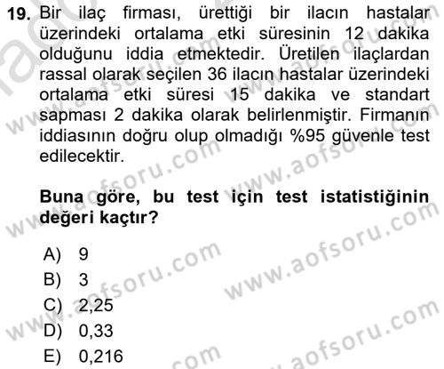 Sağlık Alanında İstatistik Dersi 2022 - 2023 Yılı (Vize) Ara Sınavı 19. Soru