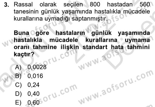 Sağlık Alanında İstatistik Dersi 2022 - 2023 Yılı (Final) Dönem Sonu Sınavı 3. Soru