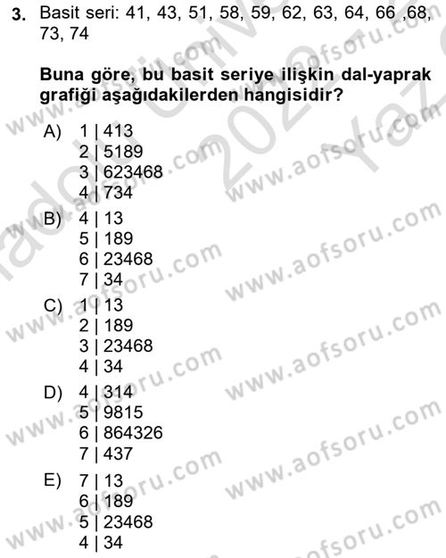 Sağlık Alanında İstatistik Dersi 2022 - 2023 Yılı Yaz Okulu Sınavı 3. Soru