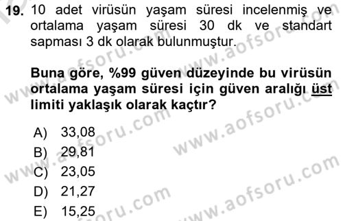Sağlık Alanında İstatistik Dersi Ara Sınavı Deneme Sınav Soruları 19. Soru