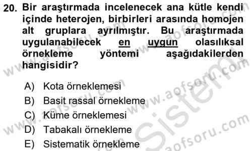 Sağlık Alanında İstatistik Dersi Ara Sınavı Deneme Sınav Soruları 20. Soru
