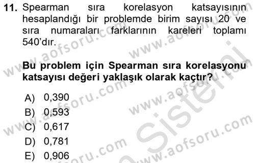 Sağlık Alanında İstatistik Dersi 2023 - 2024 Yılı (Final) Dönem Sonu Sınav Soruları 11. Soru