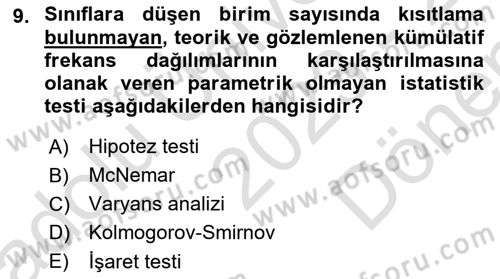 Sağlık Alanında İstatistik Dersi 2023 - 2024 Yılı (Final) Dönem Sonu Sınav Soruları 9. Soru