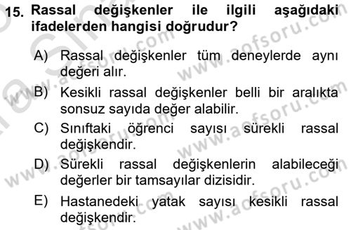 Sağlık Alanında İstatistik Dersi Ara Sınavı Deneme Sınav Soruları 15. Soru
