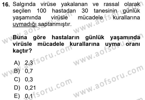 Sağlık Alanında İstatistik Dersi Ara Sınavı Deneme Sınav Soruları 16. Soru