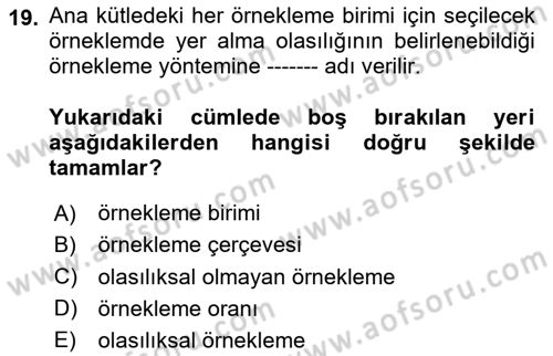 Sağlık Alanında İstatistik Dersi Ara Sınavı Deneme Sınav Soruları 19. Soru