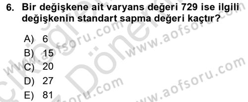 Sağlık Alanında İstatistik Dersi Ara Sınavı Deneme Sınav Soruları 6. Soru