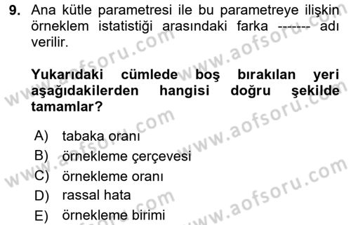 Sağlık Alanında İstatistik Dersi 2024 - 2025 Yılı Yaz Okulu Sınav Soruları 9. Soru