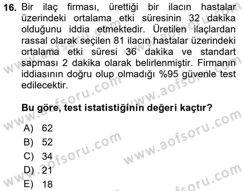 Sağlık Alanında İstatistik Dersi 2025 - 2026 Yılı (Vize) Ara Sınav Soruları 16. Soru