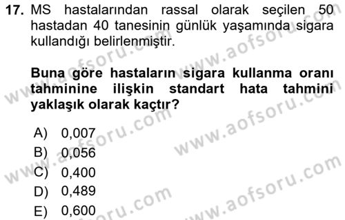 Sağlık Alanında İstatistik Dersi 2025 - 2026 Yılı (Vize) Ara Sınav Soruları 17. Soru