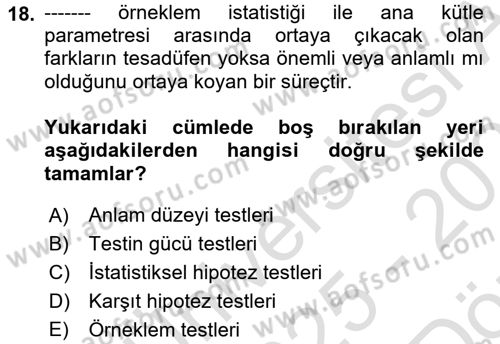 Sağlık Alanında İstatistik Dersi 2025 - 2026 Yılı (Vize) Ara Sınav Soruları 18. Soru