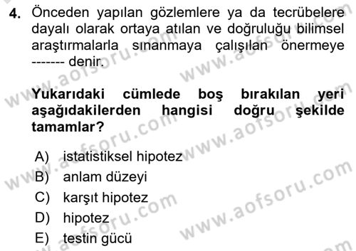 Sağlık Alanında İstatistik Dersi 2025 - 2026 Yılı (Final) Dönem Sonu Sınav Soruları 4. Soru
