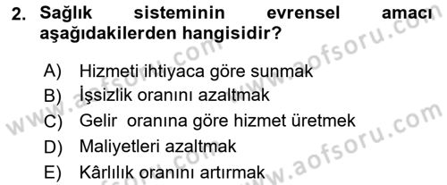 Sağlık Ekonomisi Dersi Ara Sınavı Deneme Sınav Soruları 2. Soru
