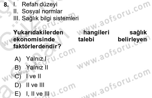 Sağlık Ekonomisi Dersi 2019 - 2020 Yılı (Vize) Ara Sınav Soruları 8. Soru