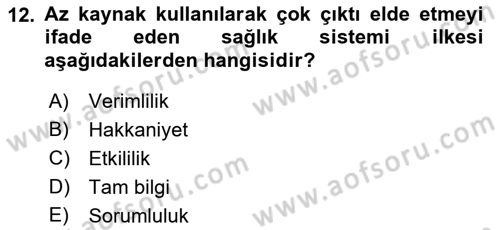 Sağlık Ekonomisi Dersi 2023 - 2024 Yılı (Final) Dönem Sonu Sınavı 12. Soru