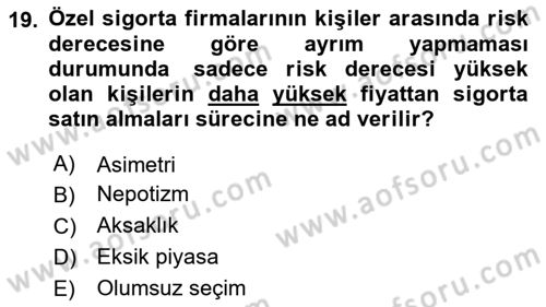 Sağlık Ekonomisi Dersi 2023 - 2024 Yılı Yaz Okulu Sınavı 19. Soru