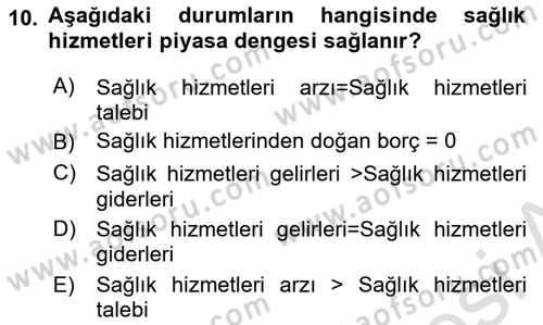 Sağlık Ekonomisi Dersi 2024 - 2025 Yılı (Vize) Ara Sınavı 10. Soru