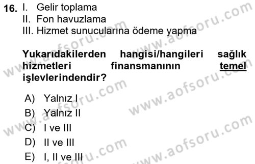 Sağlık Ekonomisi Dersi 2024 - 2025 Yılı (Vize) Ara Sınavı 16. Soru