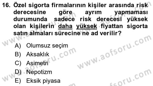 Sağlık Ekonomisi Dersi 2024 - 2025 Yılı Yaz Okulu Sınav Soruları 16. Soru