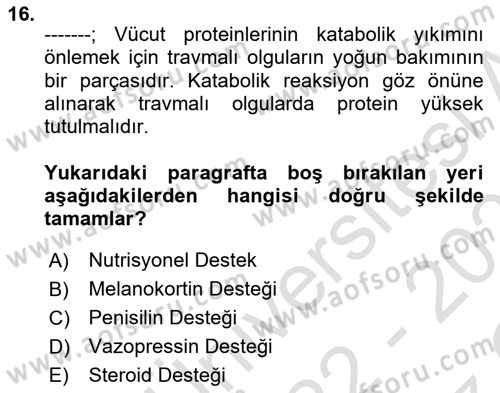 Sağlık Kurumlarında Afet Ve Kriz Yönetimi Dersi 2022 - 2023 Yılı Yaz Okulu Sınav Soruları 16. Soru