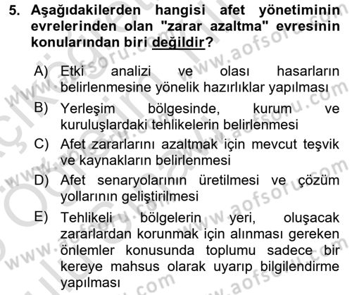 Sağlık Kurumlarında Afet Ve Kriz Yönetimi Dersi 2024 - 2025 Yılı Yaz Okulu Sınav Soruları 5. Soru