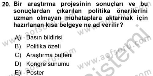 Sağlık Hizmetlerinde Araştırma Ve Değerlendirme Dersi 2016 - 2017 Yılı 3 Ders Sınav Soruları 20. Soru