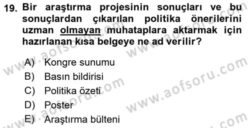 Sağlık Hizmetlerinde Araştırma Ve Değerlendirme Dersi 2019 - 2020 Yılı (Final) Dönem Sonu Sınav Soruları 19. Soru