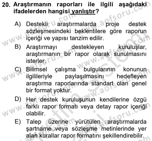 Sağlık Hizmetlerinde Araştırma Ve Değerlendirme Dersi 2019 - 2020 Yılı (Final) Dönem Sonu Sınav Soruları 20. Soru