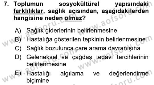 Halk Sağlığı Dersi 2016 - 2017 Yılı (Vize) Ara Sınav Soruları 7. Soru