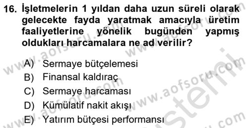 Sağlık İşletmelerinde Finansal Yönetim Dersi 2020 - 2021 Yılı Yaz Okulu Sınav Soruları 16. Soru