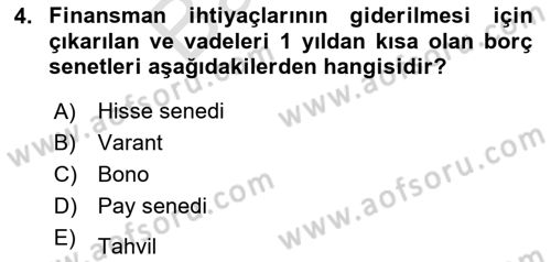 Sağlık İşletmelerinde Finansal Yönetim Dersi 2021 - 2022 Yılı (Final) Dönem Sonu Sınavı 4. Soru