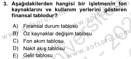 Sağlık İşletmelerinde Finansal Yönetim Dersi 2021 - 2022 Yılı Yaz Okulu Sınav Soruları 3. Soru
