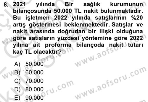 Sağlık İşletmelerinde Finansal Yönetim Dersi 2021 - 2022 Yılı Yaz Okulu Sınav Soruları 8. Soru