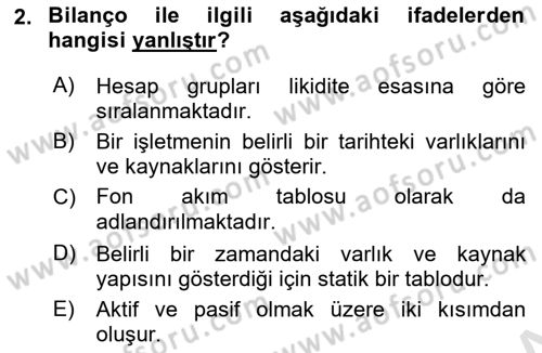 Sağlık İşletmelerinde Finansal Yönetim Dersi 2022 - 2023 Yılı Yaz Okulu Sınav Soruları 2. Soru