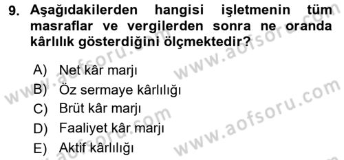 Sağlık İşletmelerinde Finansal Yönetim Dersi 2022 - 2023 Yılı Yaz Okulu Sınav Soruları 9. Soru