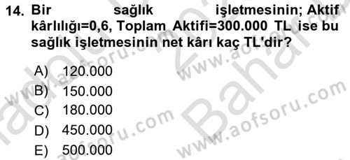 Sağlık İşletmelerinde Finansal Yönetim Dersi 2023 - 2024 Yılı (Vize) Ara Sınavı 14. Soru