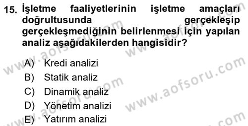 Sağlık İşletmelerinde Finansal Yönetim Dersi 2023 - 2024 Yılı (Vize) Ara Sınavı 15. Soru