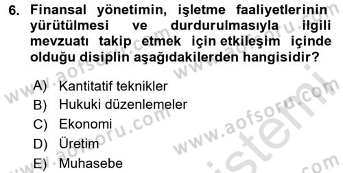 Sağlık İşletmelerinde Finansal Yönetim Dersi 2023 - 2024 Yılı (Vize) Ara Sınavı 6. Soru