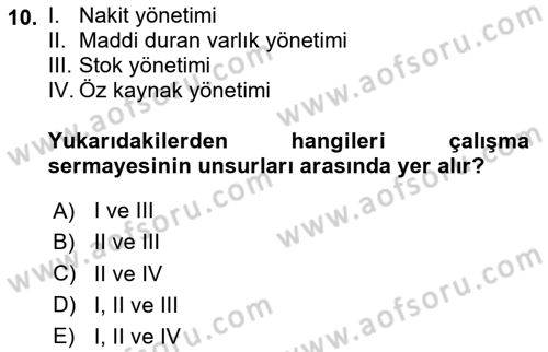 Sağlık İşletmelerinde Finansal Yönetim Dersi 2023 - 2024 Yılı (Final) Dönem Sonu Sınavı 10. Soru