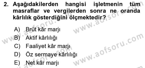 Sağlık İşletmelerinde Finansal Yönetim Dersi 2023 - 2024 Yılı (Final) Dönem Sonu Sınavı 2. Soru