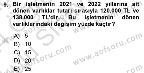 Sağlık İşletmelerinde Finansal Yönetim Dersi 2023 - 2024 Yılı Yaz Okulu Sınav Soruları 9. Soru