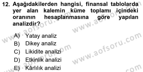 Sağlık İşletmelerinde Finansal Yönetim Dersi 2024 - 2025 Yılı (Vize) Ara Sınav Soruları 12. Soru