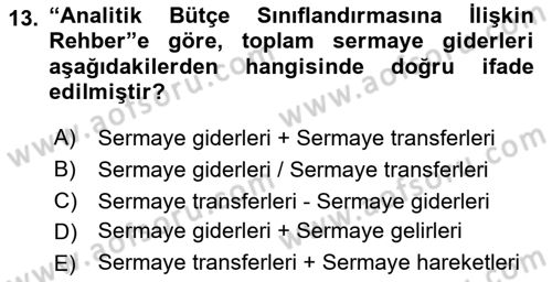 Sağlık İşletmelerinde Finansal Yönetim Dersi 2024 - 2025 Yılı (Vize) Ara Sınav Soruları 13. Soru