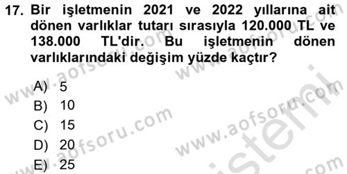 Sağlık İşletmelerinde Finansal Yönetim Dersi 2024 - 2025 Yılı (Vize) Ara Sınav Soruları 17. Soru